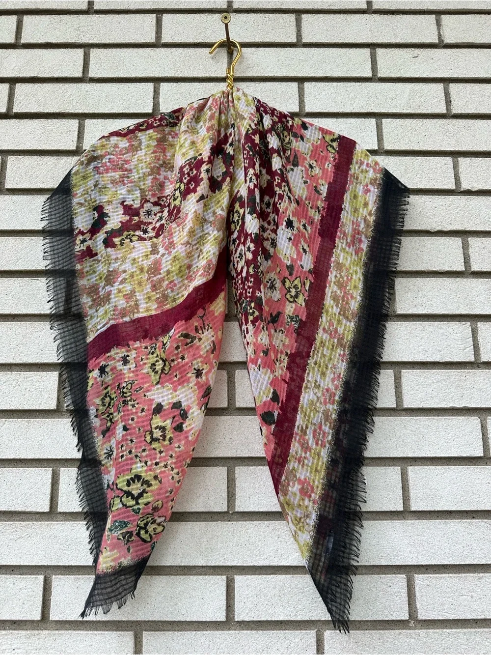 J. Jill Floral Gauze Scarf Black Fringe Boho Square Lightweight Wrap Cottagecore